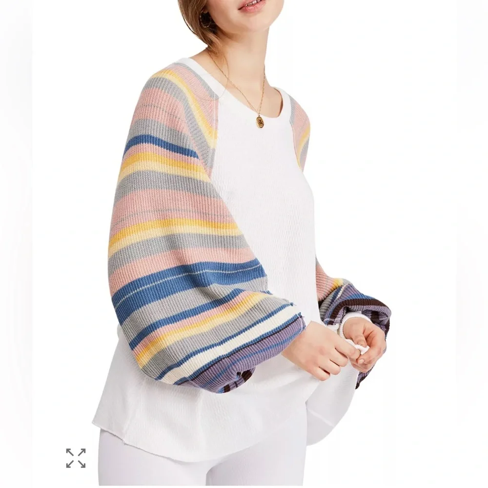 Free‎ People Rainbow Dreams Balloon-Sleeve Boho Top Size M